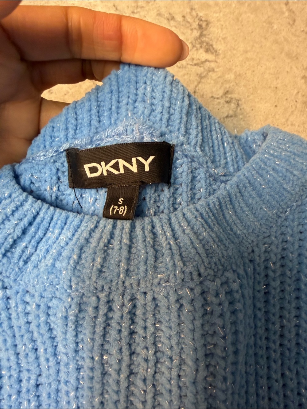 DKNY Sky Blue Ribbed Crewneck Sweater with Subtle Metallic Thread